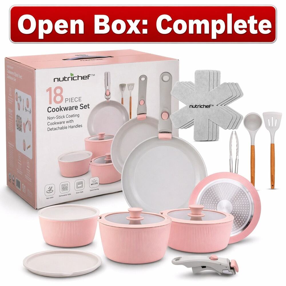 NutriChef 18-Piece Ceramic Cookware Set w/ Detachable Handles - Pink (Open Box)